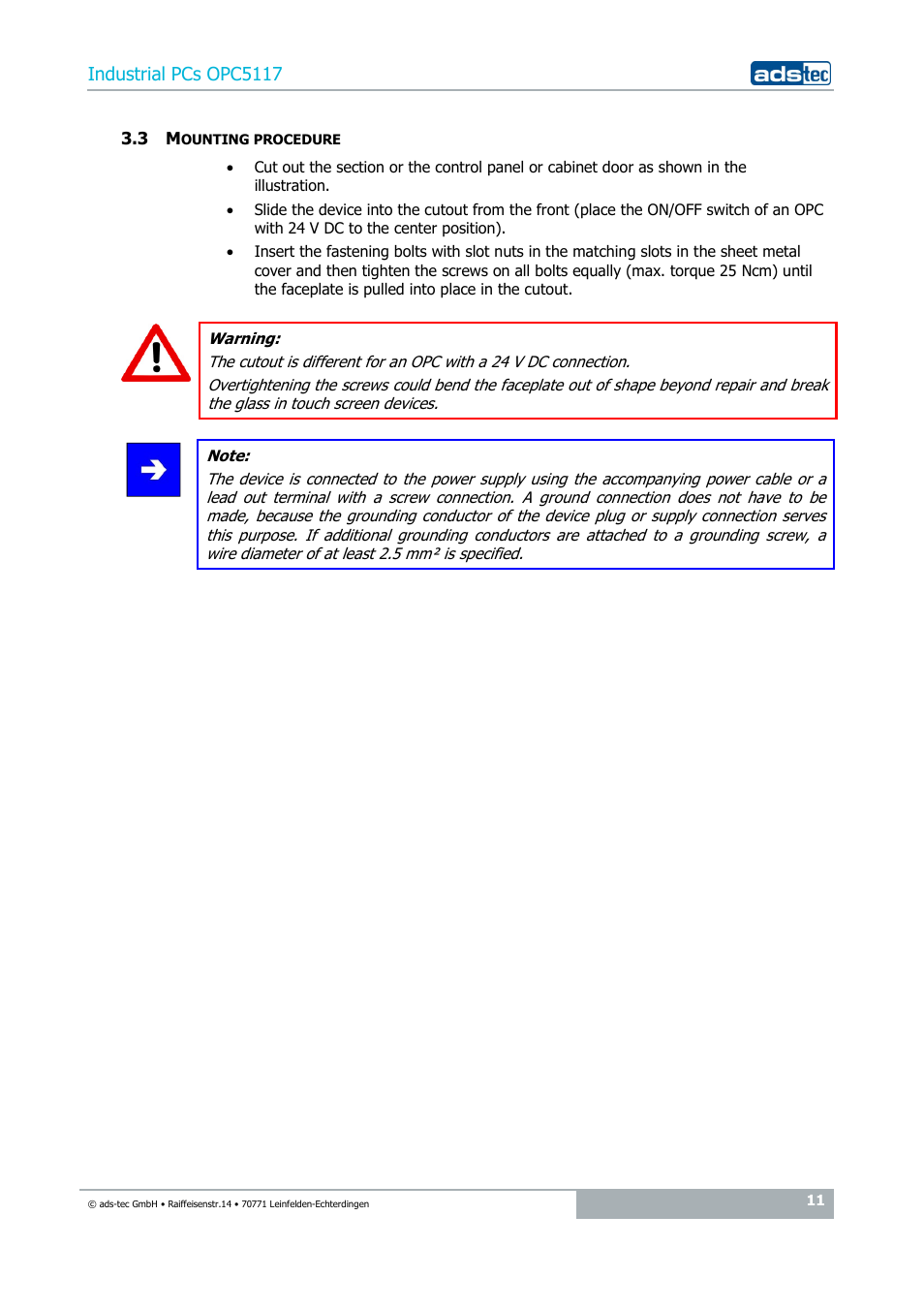 3 mounting procedure, Industrial pcs opc5117 | ADS-TEC OPC5117 User Manual | Page 11 / 28