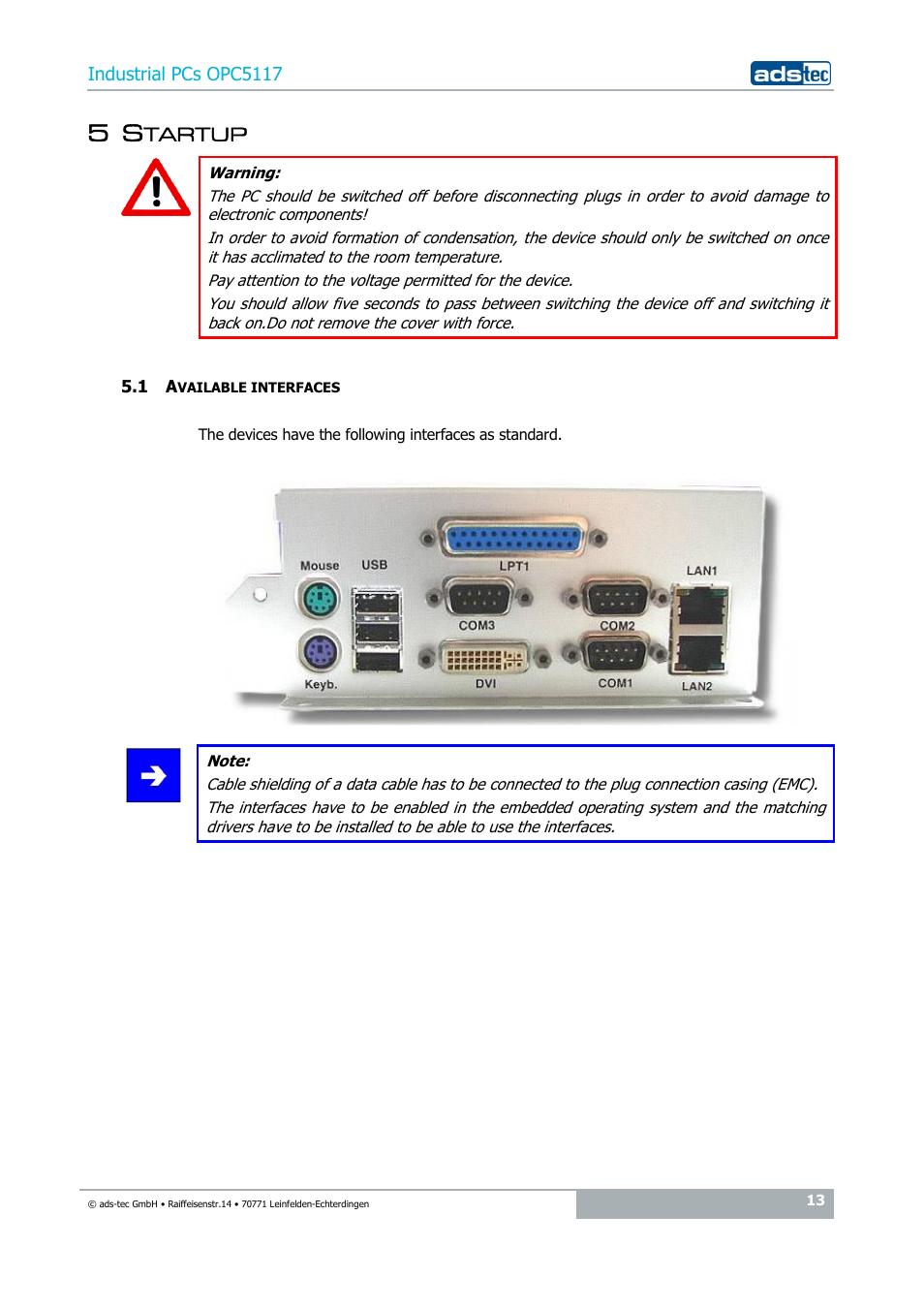 5 startup, 1 available interfaces | ADS-TEC OPC5117 User Manual | Page 13 / 28