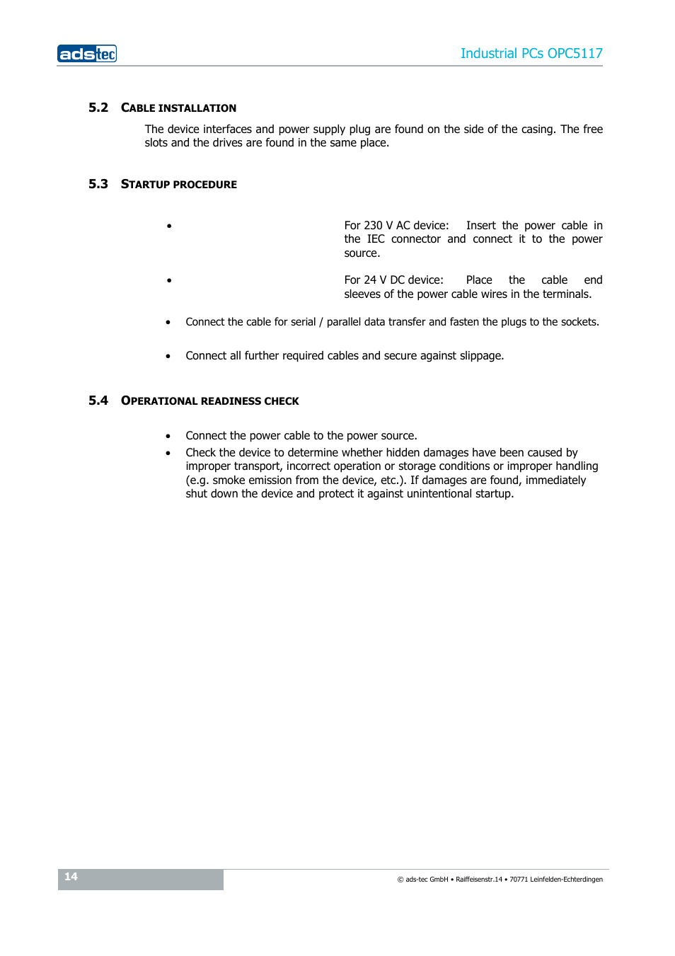 2 cable installation, 3 startup procedure, 4 operational readiness check | Industrial pcs opc5117 | ADS-TEC OPC5117 User Manual | Page 14 / 28