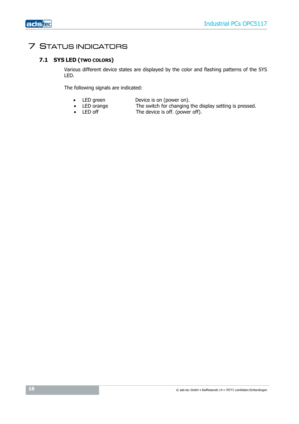 7 status indicators, 1 sys led (two colors), Tatus indicators | ADS-TEC OPC5117 User Manual | Page 18 / 28