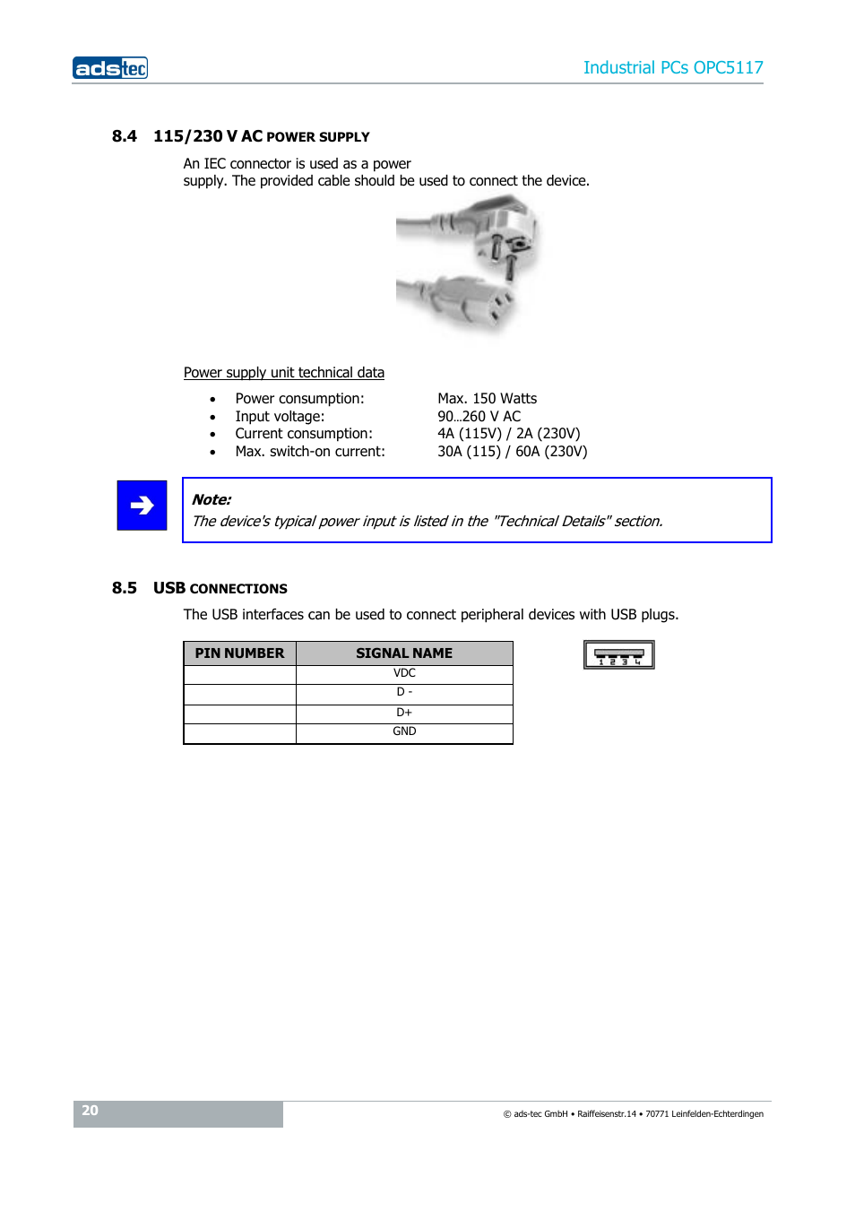 4 115/230 v ac power supply, 5 usb connections, Indu | Strial pcs opc5117 | ADS-TEC OPC5117 User Manual | Page 20 / 28