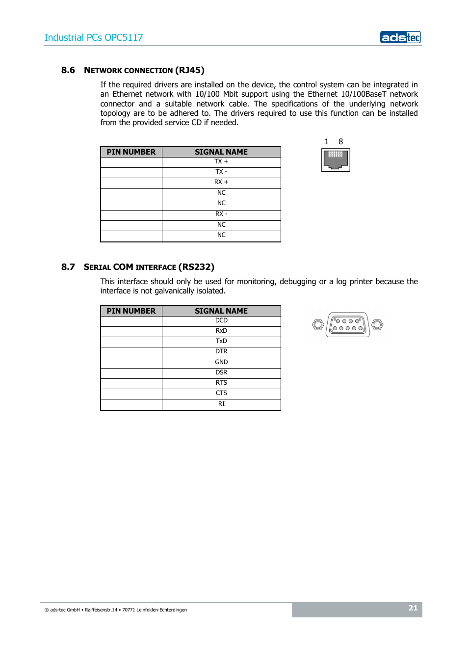 6 network connection (rj45), 7 serial com interface (rs232), Industrial pcs opc5117 | ADS-TEC OPC5117 User Manual | Page 21 / 28