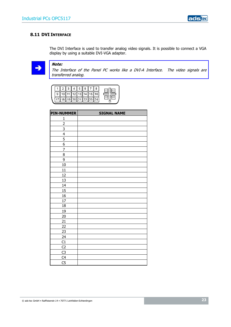 11 dvi interface, Industrial pcs opc5117 | ADS-TEC OPC5117 User Manual | Page 23 / 28