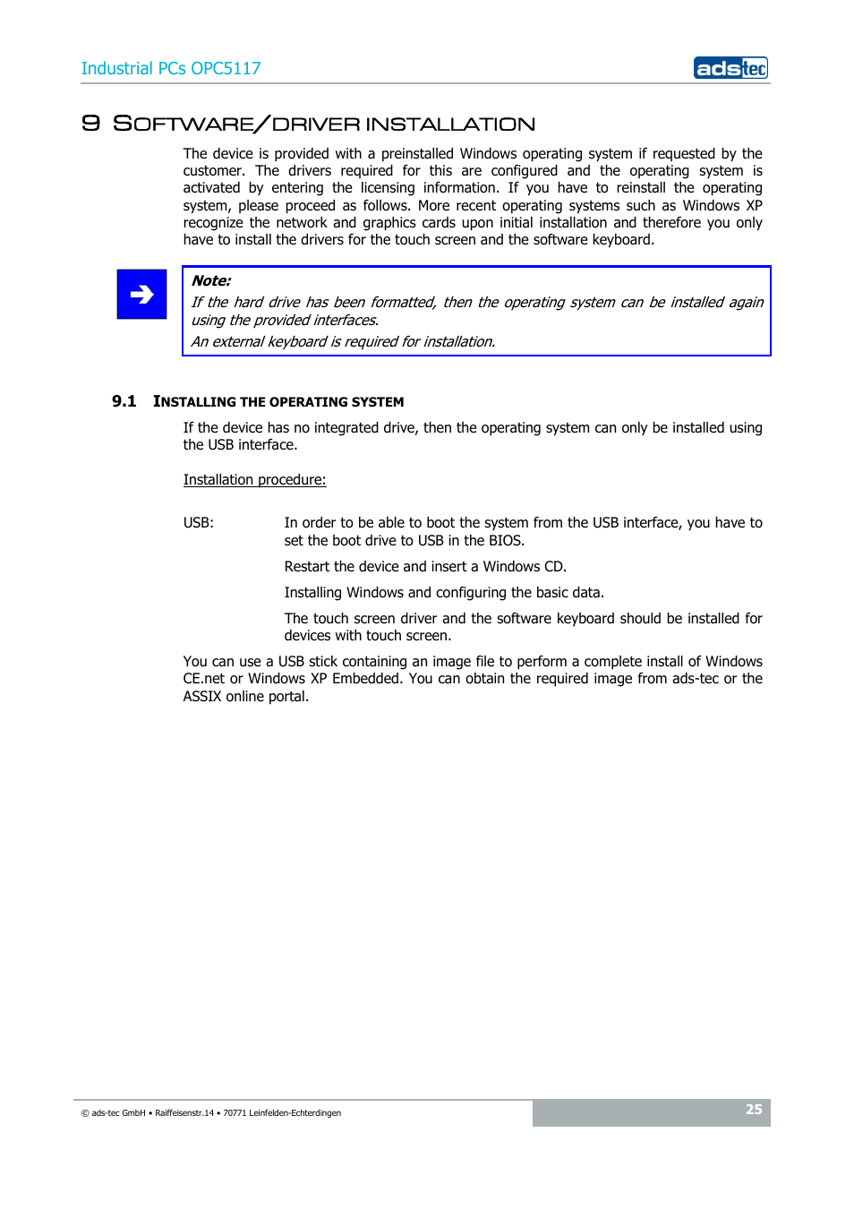 9 software/driver installation, 1 installing the operating system | ADS-TEC OPC5117 User Manual | Page 25 / 28