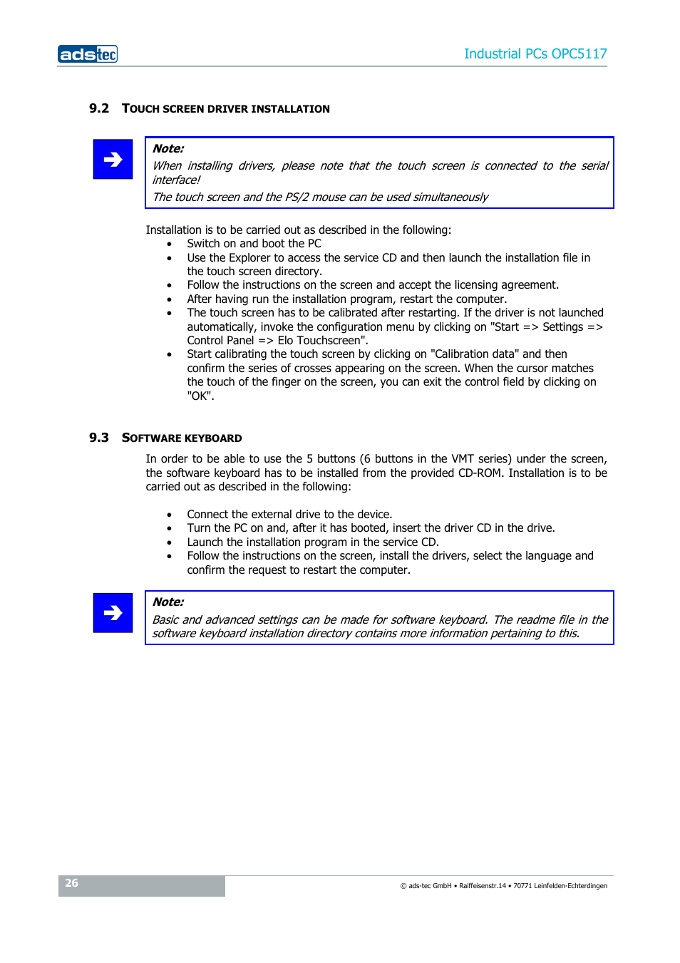 2 touch screen driver installation, 3 software keyboard, Industrial pcs opc5117 | ADS-TEC OPC5117 User Manual | Page 26 / 28