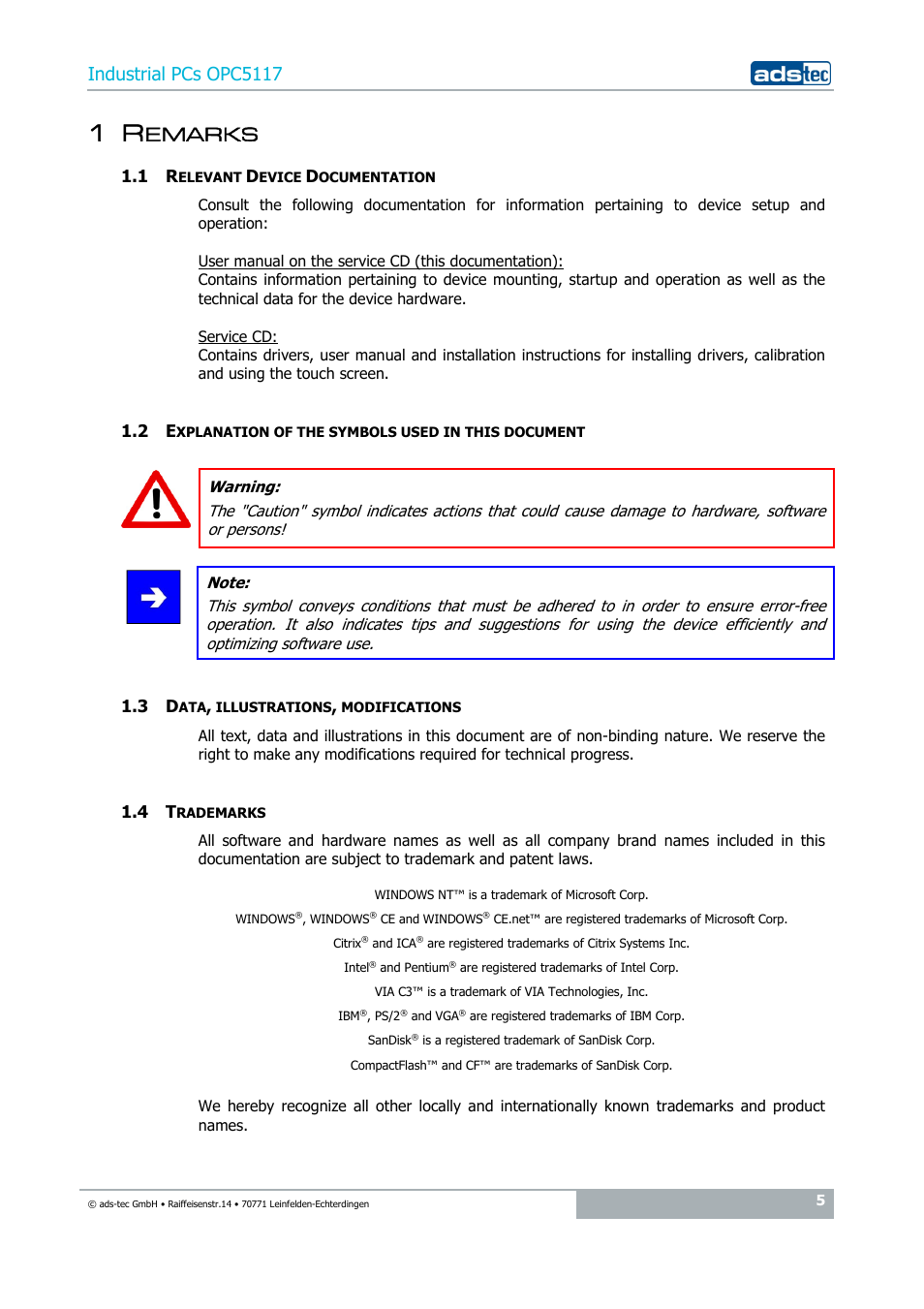1 remarks, 1 relevant device documentation, 2 explanation of the symbols used in this document | 3 data, illustrations, modifications, 4 trademarks, Emarks, Industrial pcs opc5117 | ADS-TEC OPC5117 User Manual | Page 5 / 28