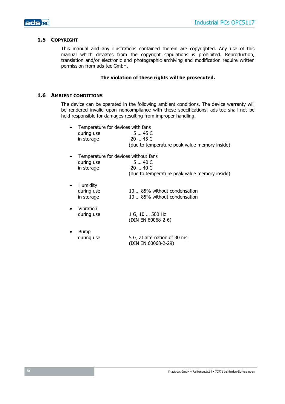 5 copyright, 6 ambient conditions, Industrial pcs opc5117 | ADS-TEC OPC5117 User Manual | Page 6 / 28