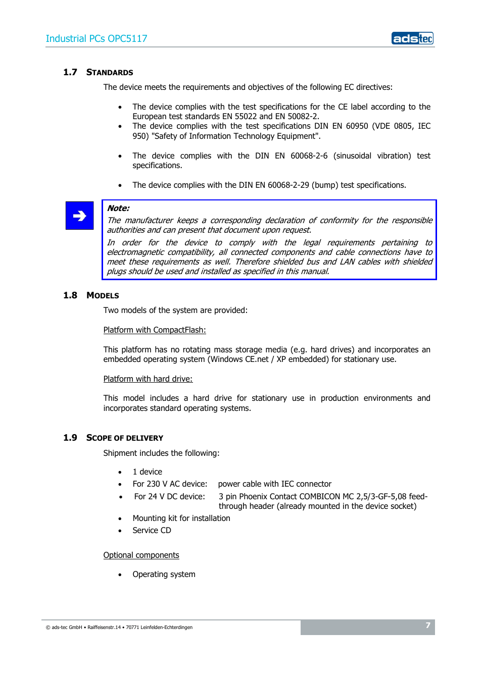 7 standards, 8 models, 9 scope of delivery | Industrial pcs opc5117 | ADS-TEC OPC5117 User Manual | Page 7 / 28