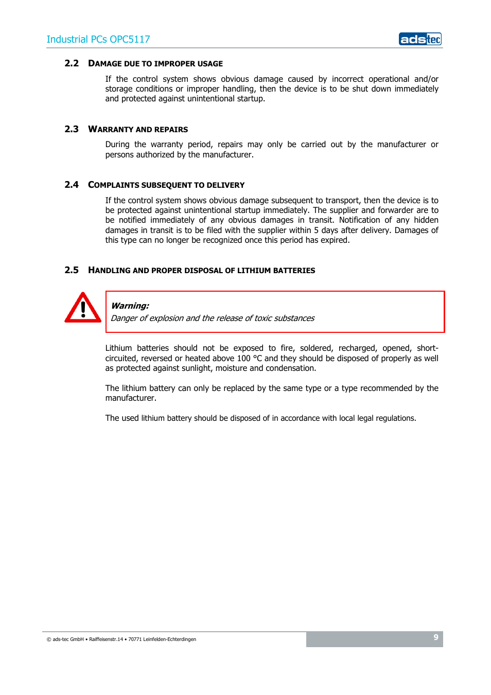 2 damage due to improper usage, 3 warranty and repairs, 4 complaints subsequent to delivery | ADS-TEC OPC5117 User Manual | Page 9 / 28
