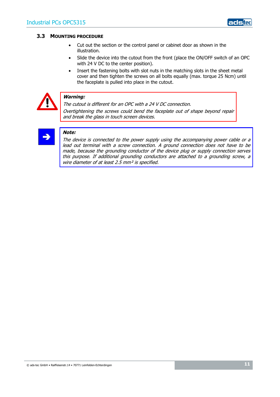 3 mounting procedure, Industrial pcs opc5315 | ADS-TEC OPC5315 User Manual | Page 11 / 29