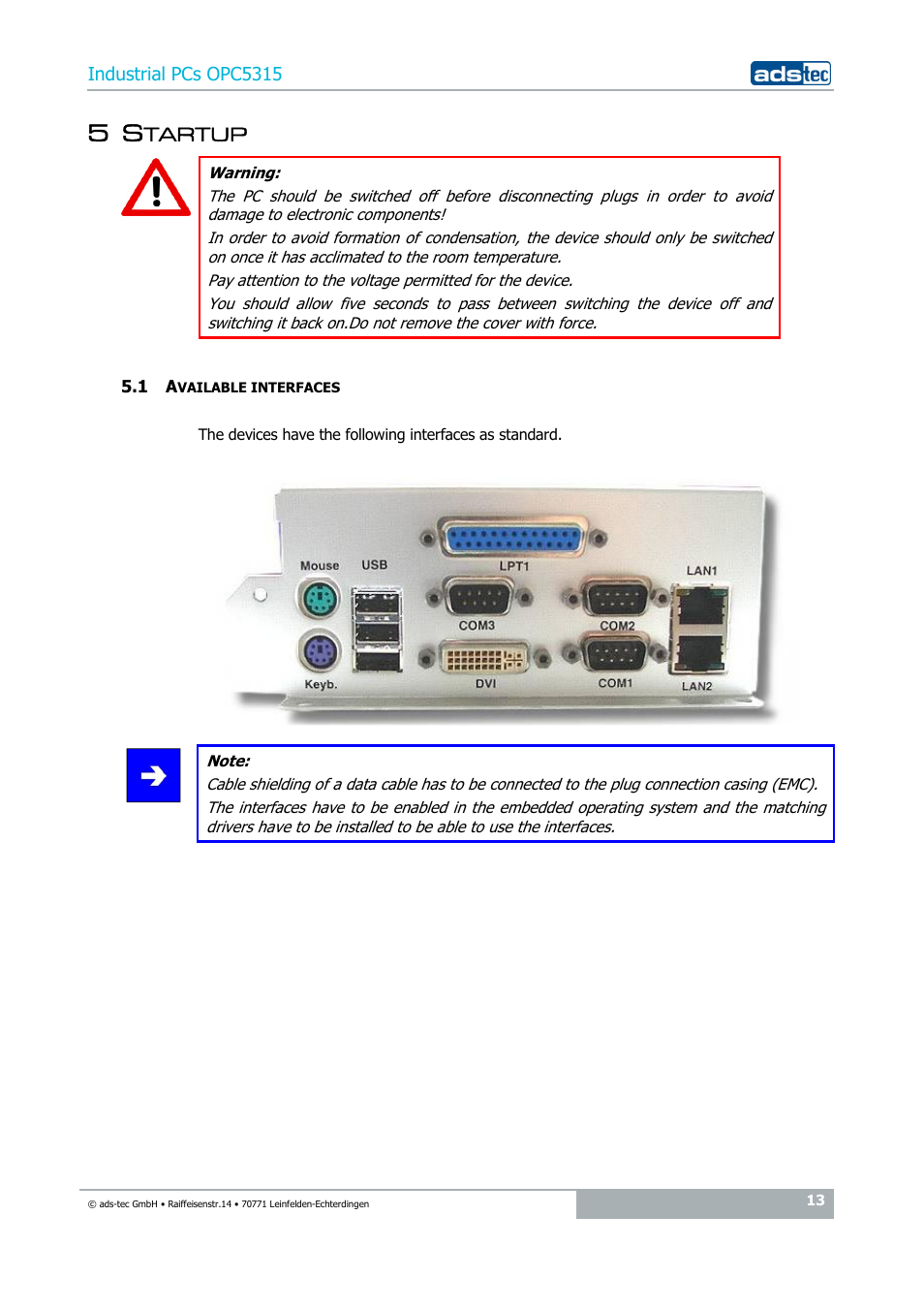 5 startup, 1 available interfaces | ADS-TEC OPC5315 User Manual | Page 13 / 29