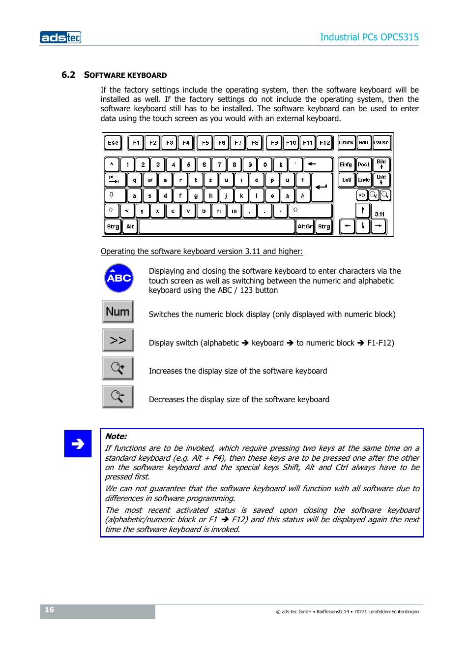 2 software keyboard, Industrial pcs opc5315 | ADS-TEC OPC5315 User Manual | Page 16 / 29