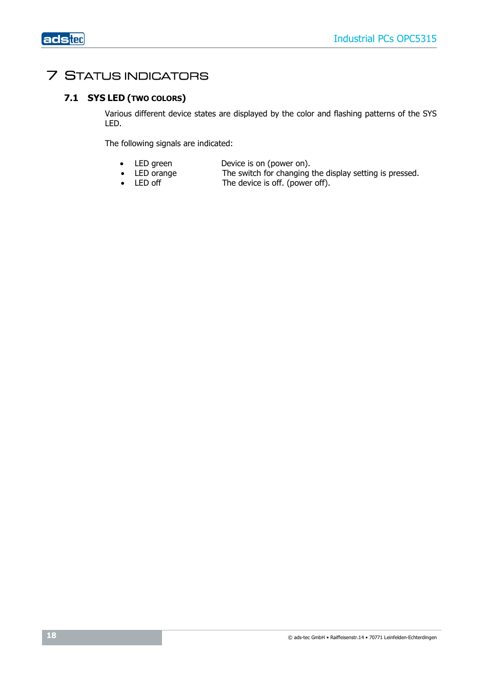7 status indicators, 1 sys led (two colors), Tatus indicators | ADS-TEC OPC5315 User Manual | Page 18 / 29