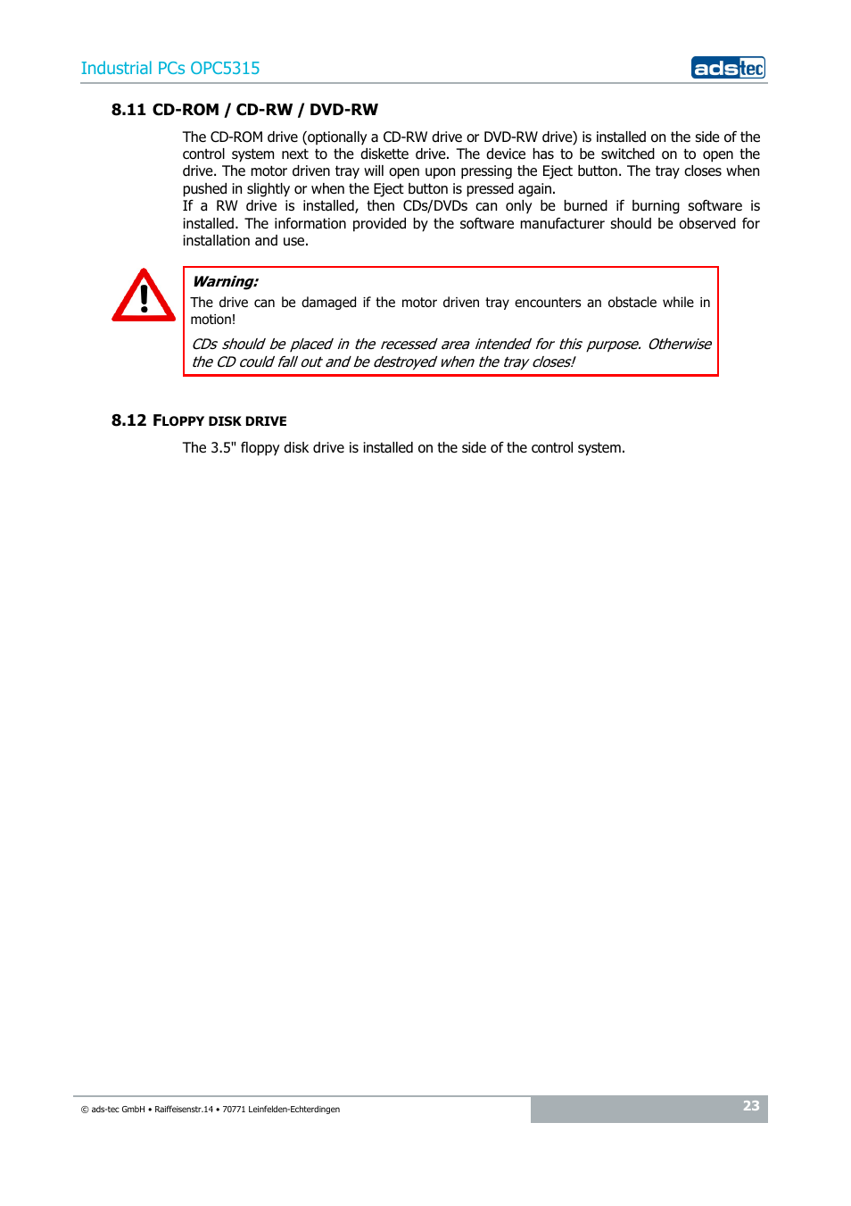 11 cd-rom / cd-rw / dvd-rw, 12 floppy disk drive | ADS-TEC OPC5315 User Manual | Page 23 / 29