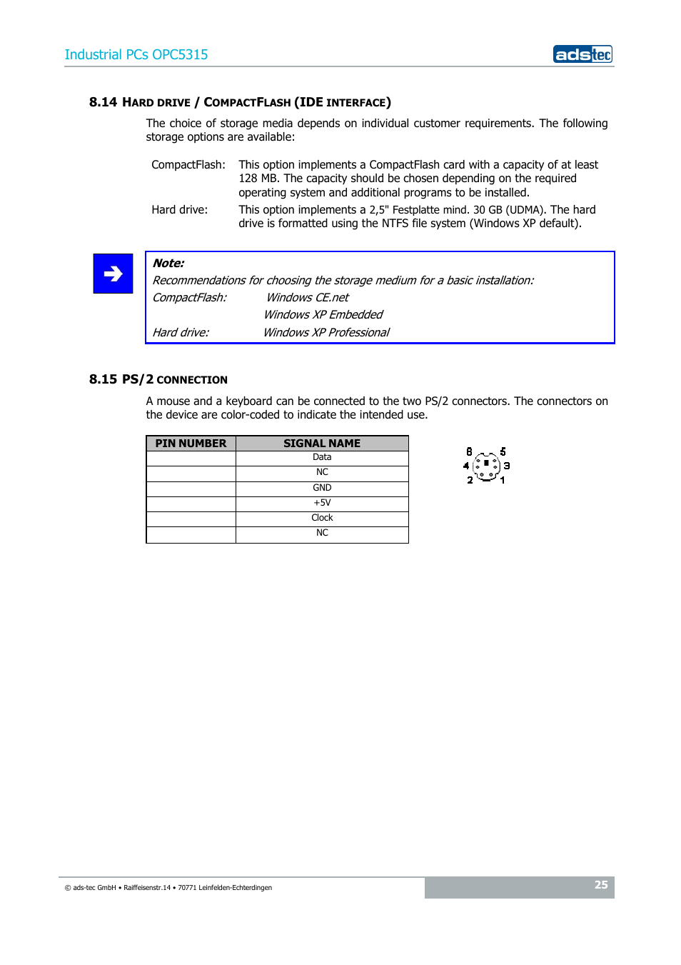 14 hard drive / compactflash (ide interface), 15 ps/2 connection, Industrial pcs opc5315 | ADS-TEC OPC5315 User Manual | Page 25 / 29