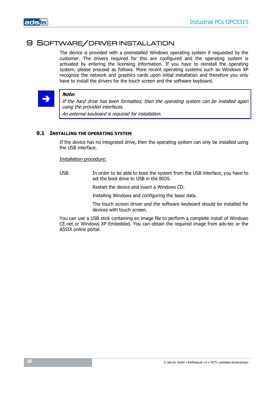 9 software/driver installation, 1 installing the operating system | ADS-TEC OPC5315 User Manual | Page 26 / 29