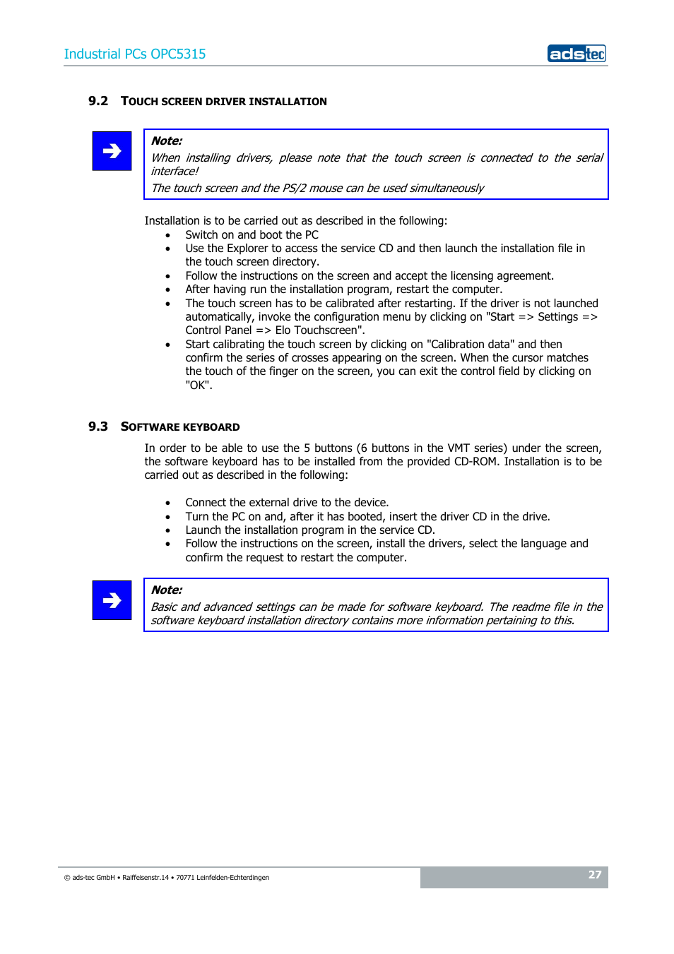 2 touch screen driver installation, 3 software keyboard, Industrial pcs opc5315 | ADS-TEC OPC5315 User Manual | Page 27 / 29