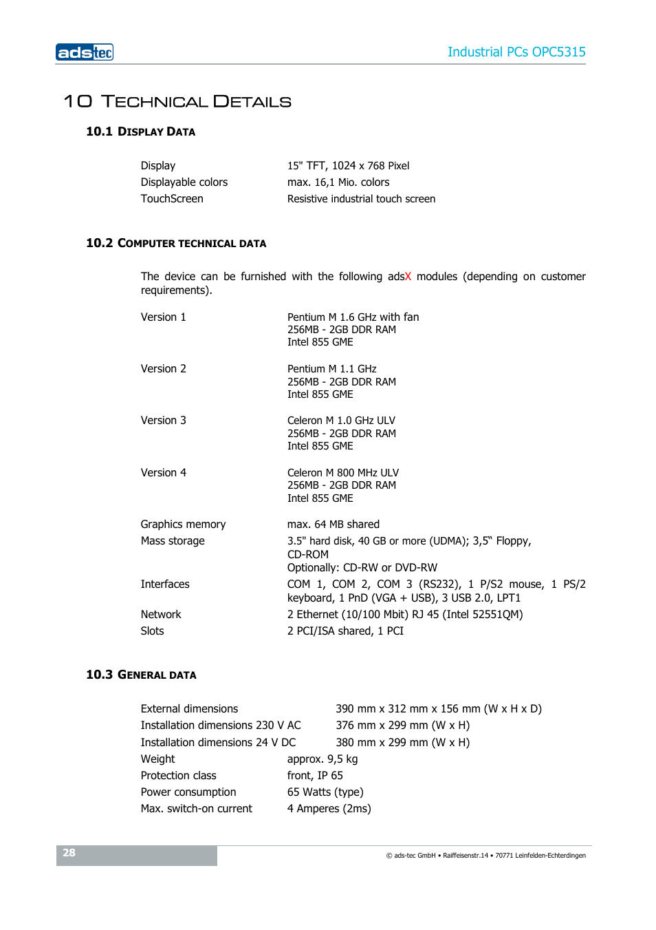 10 technical details, 1 display data, 2 computer technical data | 3 general data, 10 t, Echnical, Etails | ADS-TEC OPC5315 User Manual | Page 28 / 29
