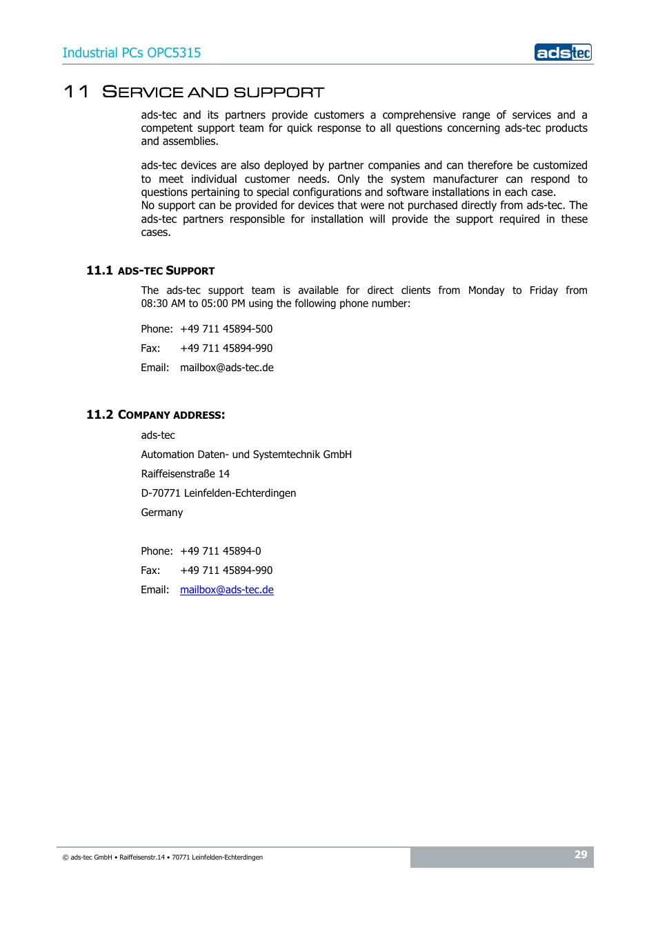 11 service and support, 1 ads-tec support, 2 company address | 11 s, Ervice and support | ADS-TEC OPC5315 User Manual | Page 29 / 29