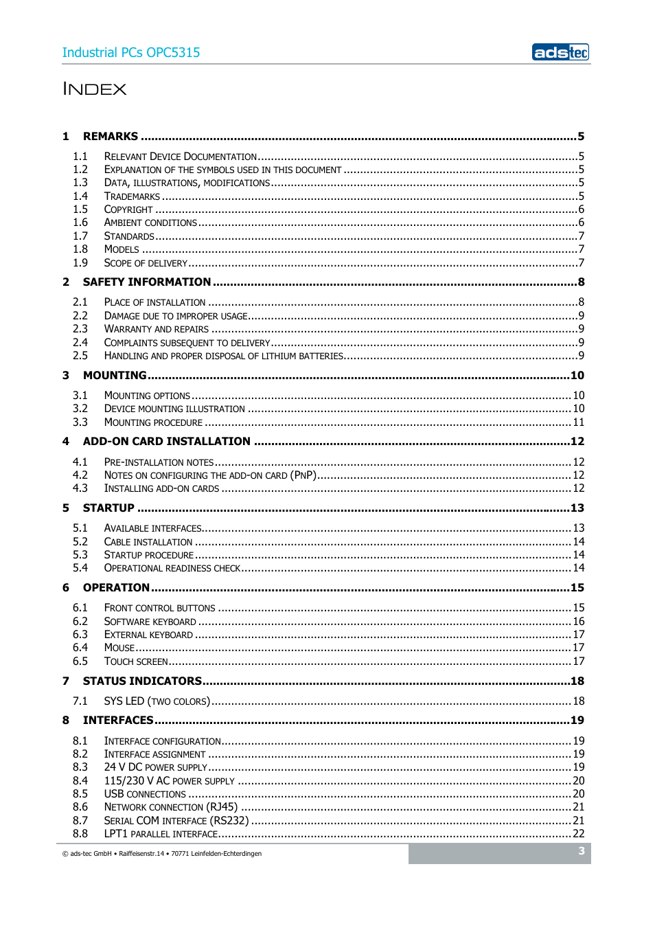 Ndex, Industrial pcs opc5315 | ADS-TEC OPC5315 User Manual | Page 3 / 29