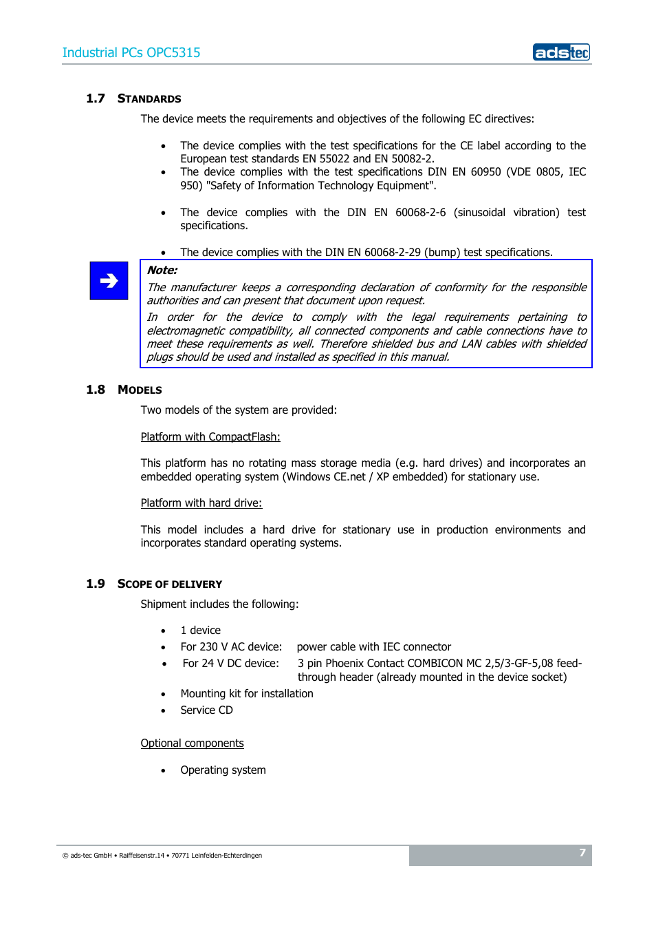 7 standards, 8 models, 9 scope of delivery | Industrial pcs opc5315 | ADS-TEC OPC5315 User Manual | Page 7 / 29