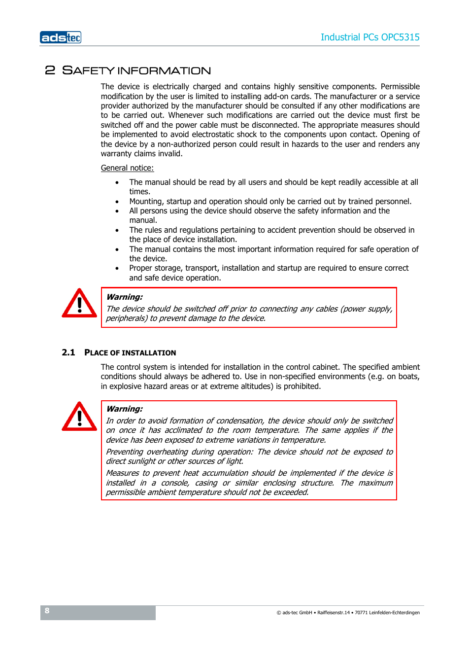 2 safety information, 1 place of installation, Afety information | ADS-TEC OPC5315 User Manual | Page 8 / 29