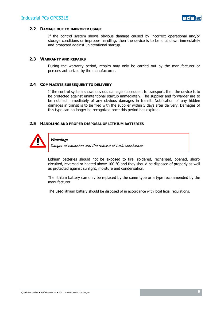 2 damage due to improper usage, 3 warranty and repairs, 4 complaints subsequent to delivery | ADS-TEC OPC5315 User Manual | Page 9 / 29