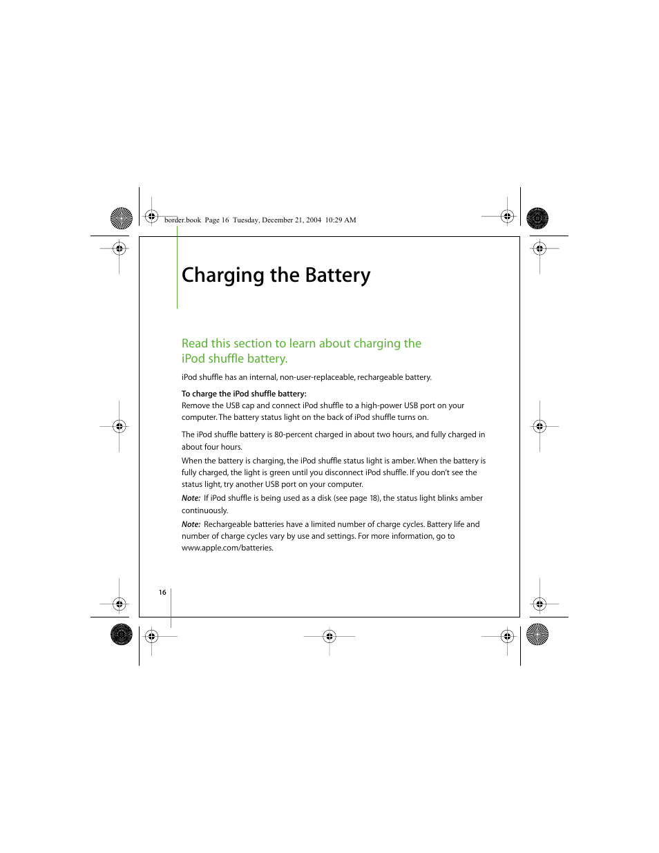 Charging the battery | Apple iPod shuffle (User’s Guide) User Manual | Page 16 / 32