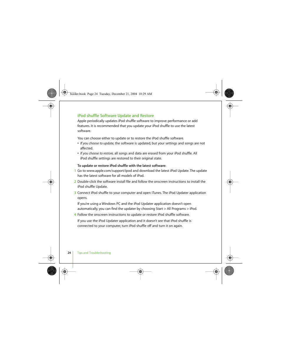 Ee “ipod shuffle, Software update and restore” belo | Apple iPod shuffle (User’s Guide) User Manual | Page 24 / 32