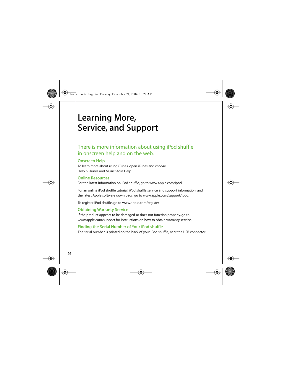 Learning more, service, and support | Apple iPod shuffle (User’s Guide) User Manual | Page 26 / 32