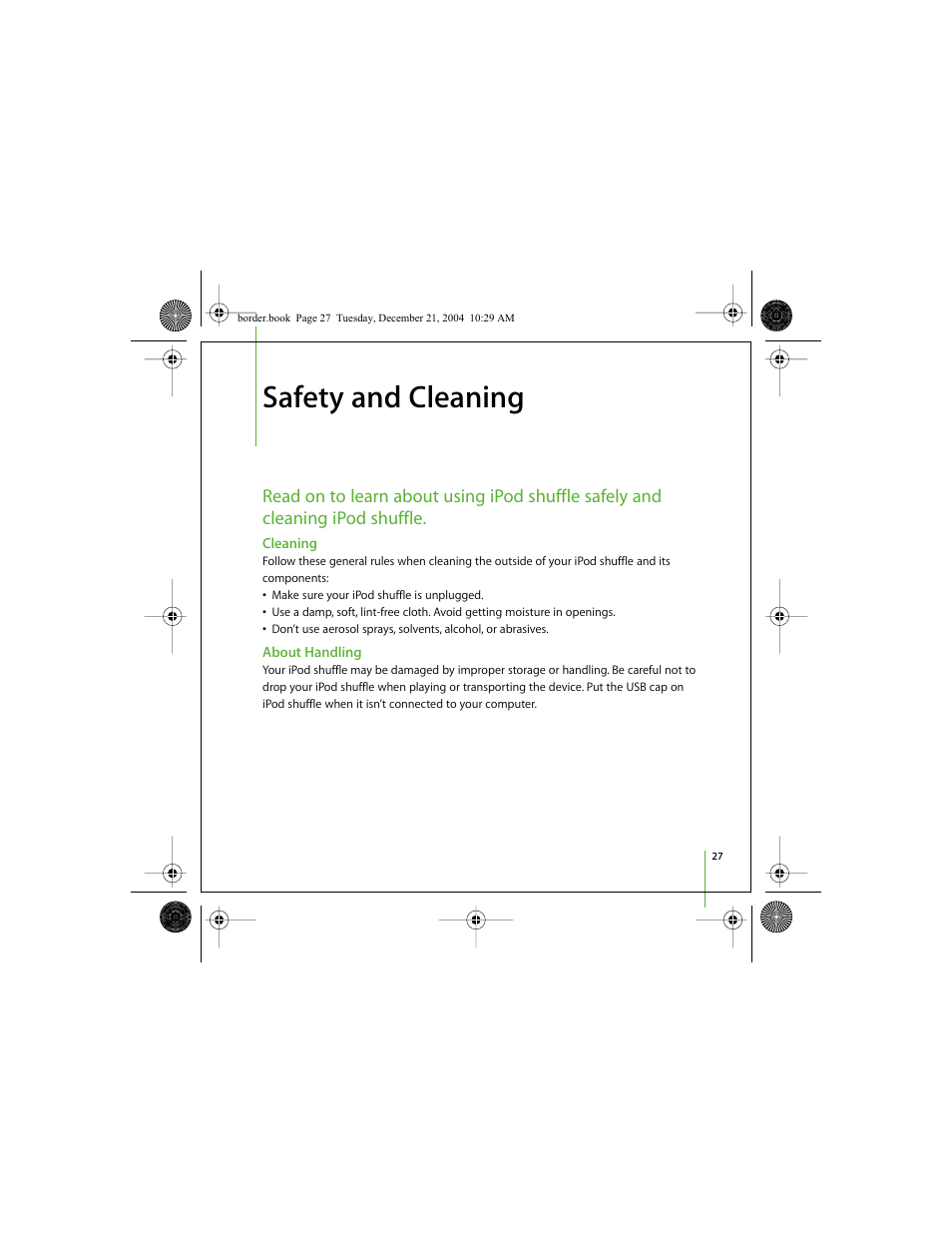 Safety and cleaning | Apple iPod shuffle (User’s Guide) User Manual | Page 27 / 32