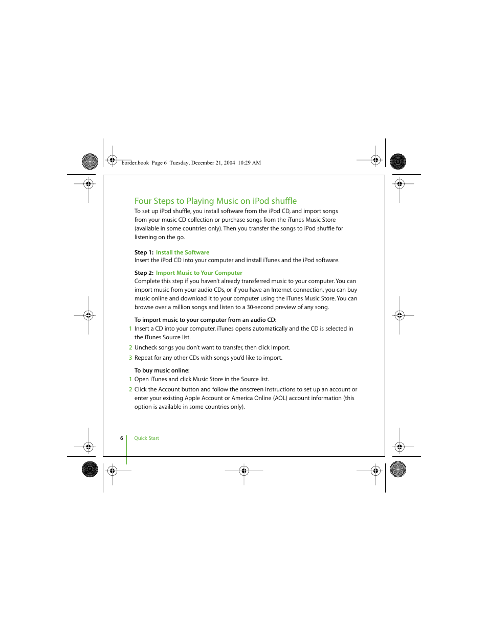 Four steps to playing music on ipod shuffle | Apple iPod shuffle (User’s Guide) User Manual | Page 6 / 32