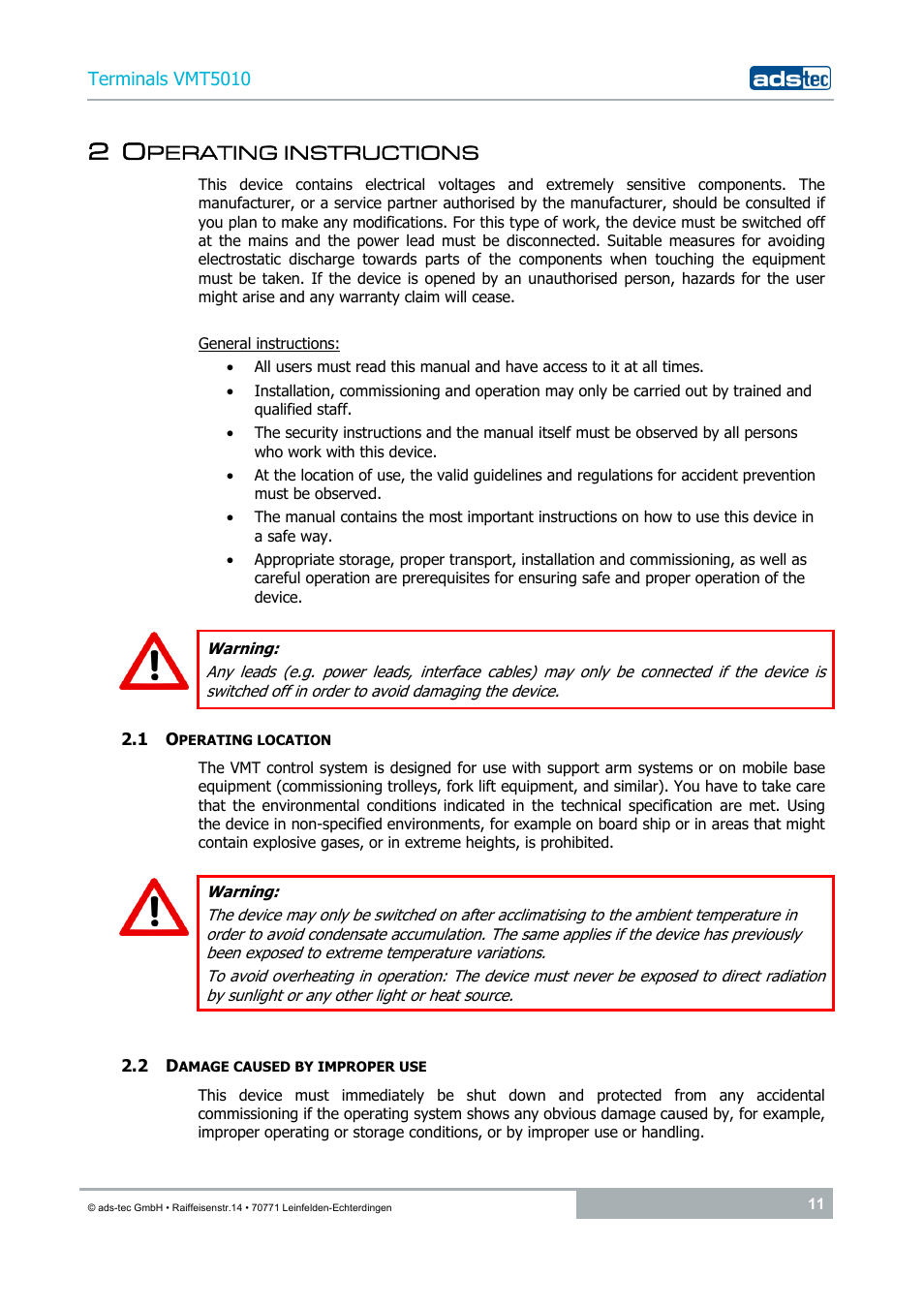 2 operating instructions, 1 operating location, 2 damage caused by improper use | Perating instructions | ADS-TEC VMT5010 (2010) User Manual | Page 11 / 36