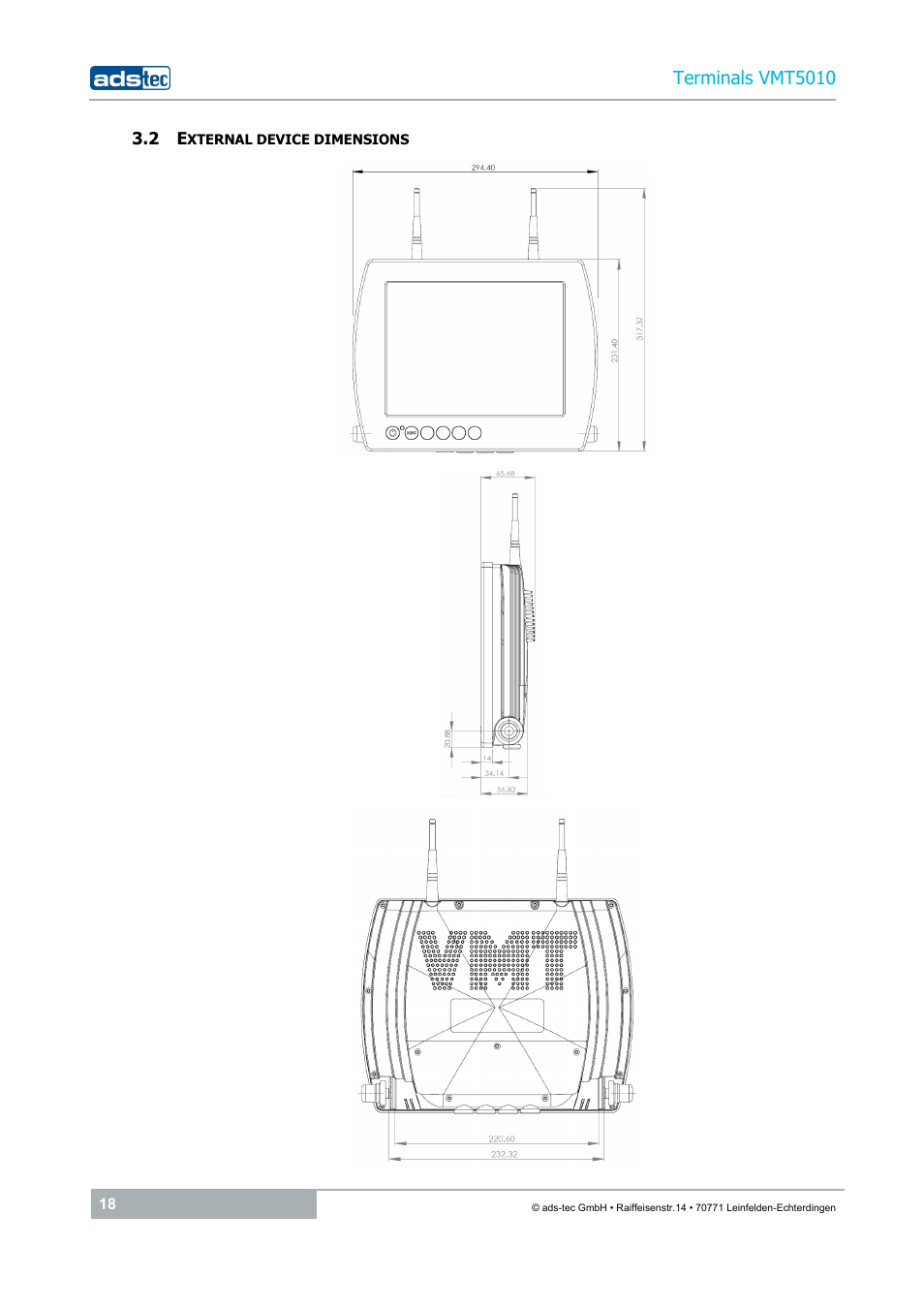 2 external device dimensions, Terminals vmt5010 | ADS-TEC VMT5010 (2010) User Manual | Page 18 / 36