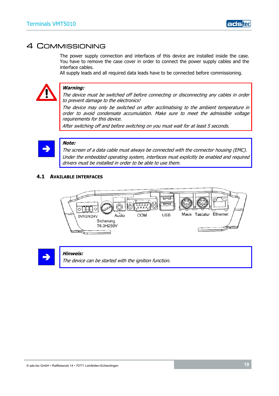 4 commissioning, 1 available interfaces | ADS-TEC VMT5010 (2010) User Manual | Page 19 / 36