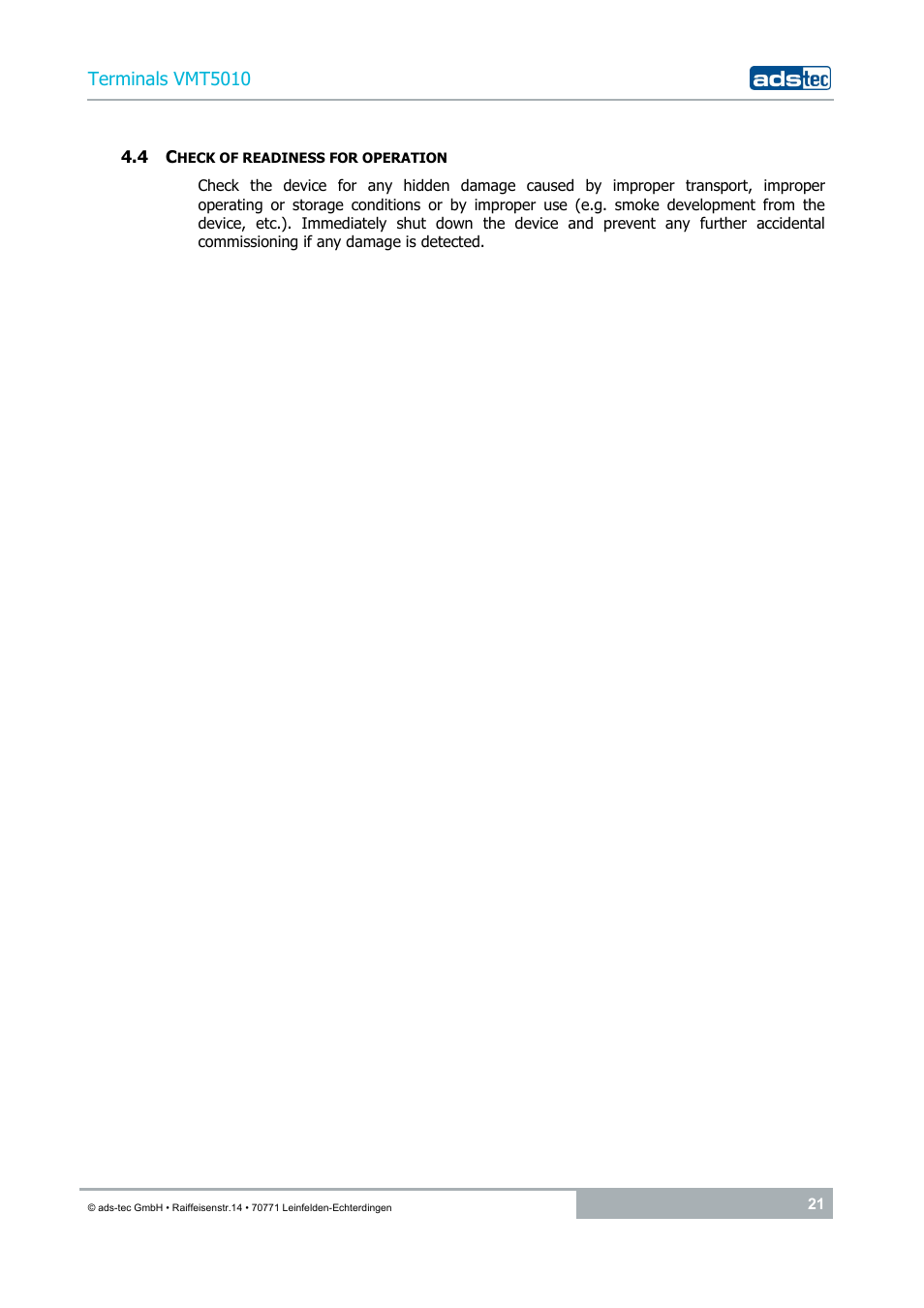4 check of readiness for operation | ADS-TEC VMT5010 (2010) User Manual | Page 21 / 36