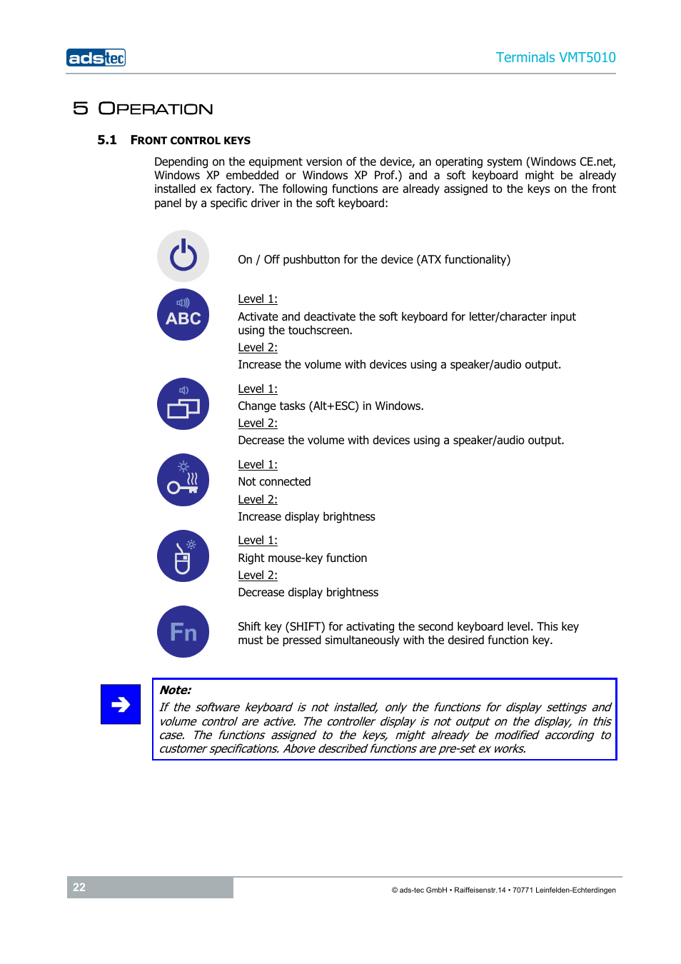 5 operation, 1 front control keys | ADS-TEC VMT5010 (2010) User Manual | Page 22 / 36
