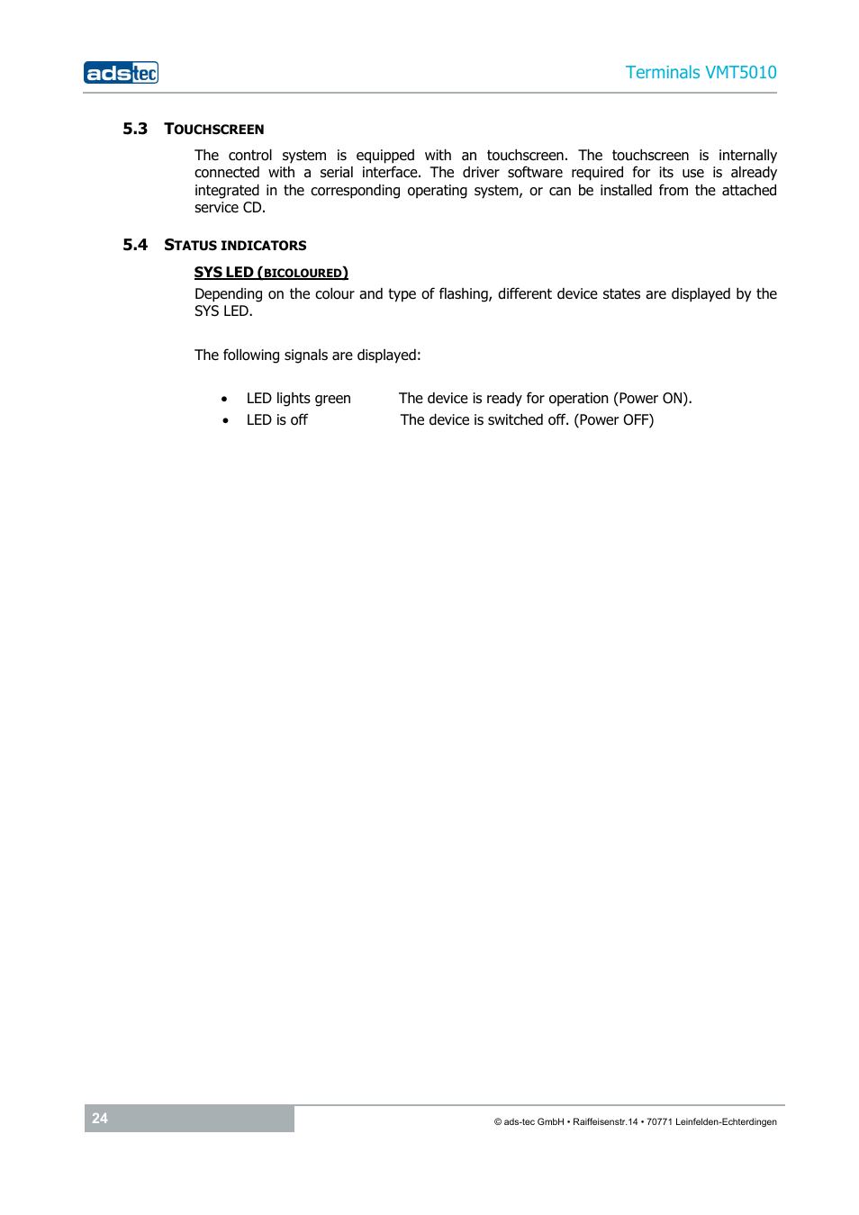 3 touchscreen, 4 status indicators, Terminals vmt5010 | ADS-TEC VMT5010 (2010) User Manual | Page 24 / 36