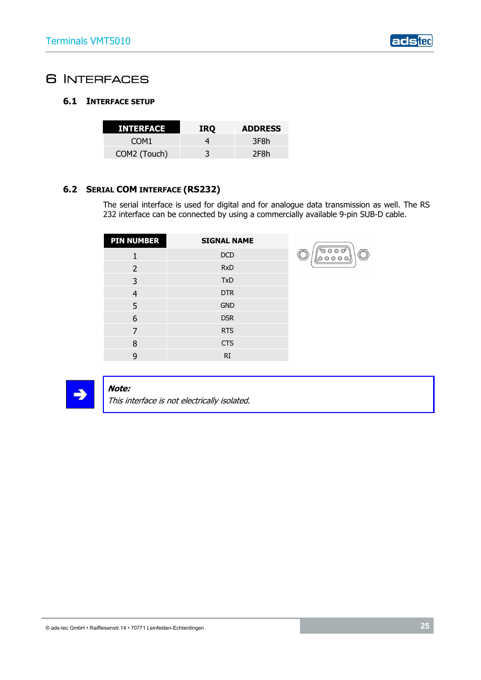 6 interfaces, 1 interface setup, 2 serial com interface (rs232) | Nterfaces | ADS-TEC VMT5010 (2010) User Manual | Page 25 / 36
