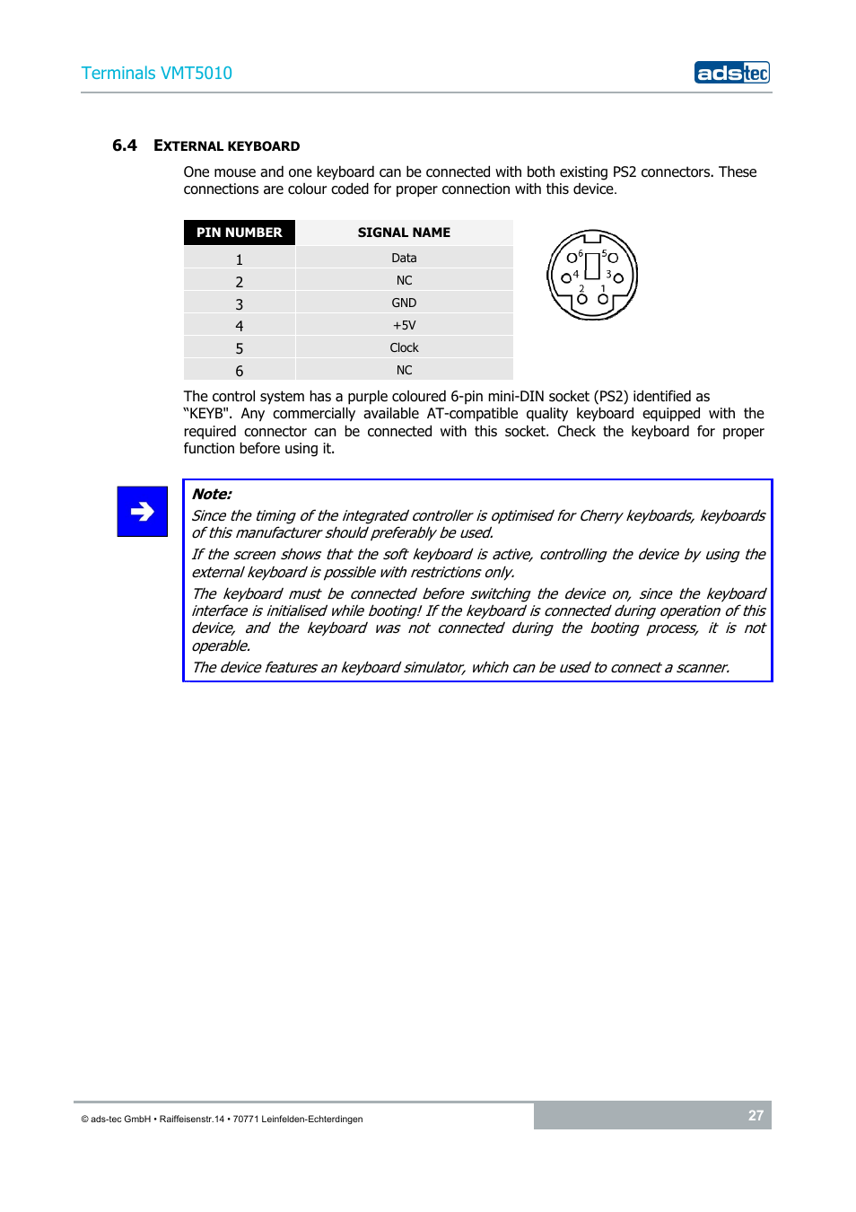 4 external keyboard, Terminals vmt5010 | ADS-TEC VMT5010 (2010) User Manual | Page 27 / 36