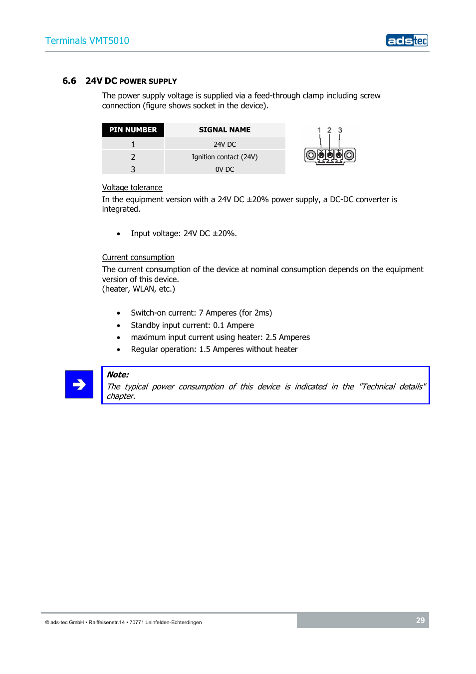 6 24v dc power supply, Terminals vmt5010 | ADS-TEC VMT5010 (2010) User Manual | Page 29 / 36