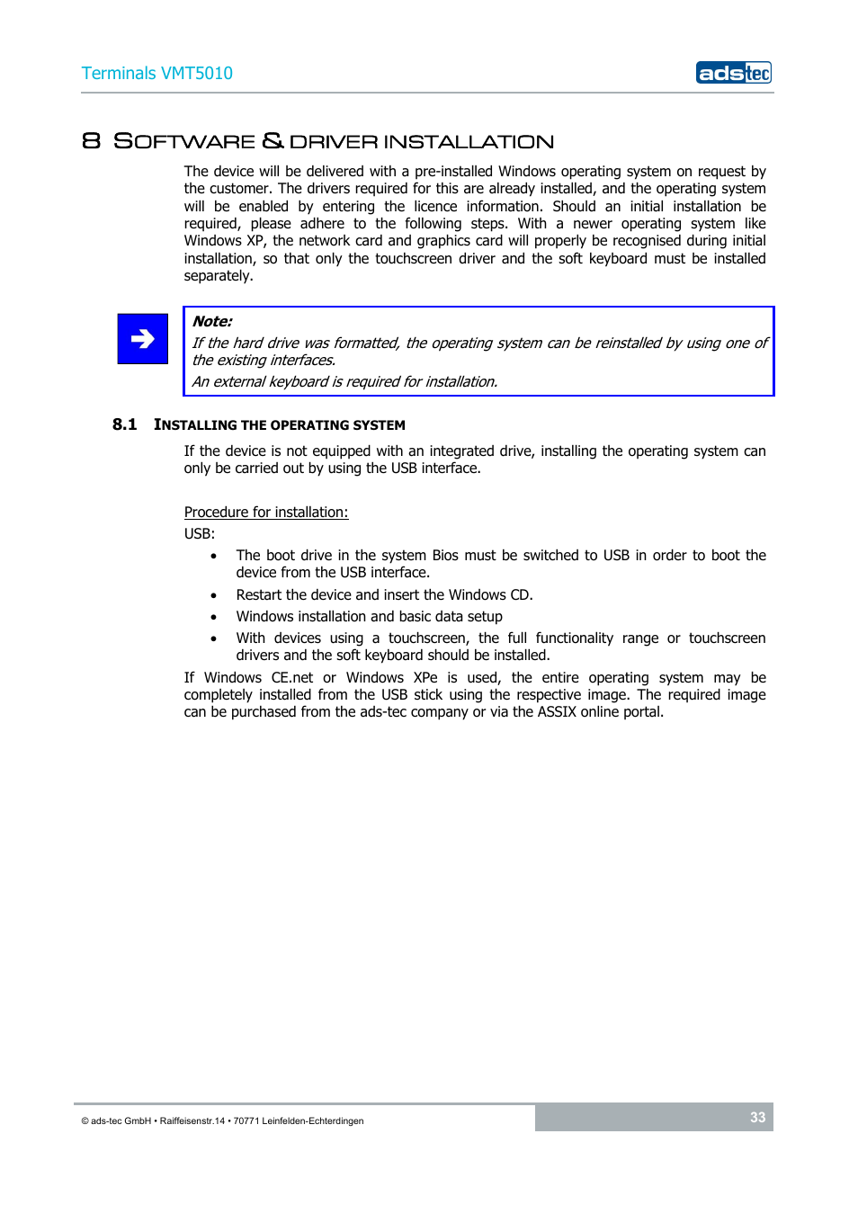 8 software & driver installation, 1 installing the operating system | ADS-TEC VMT5010 (2010) User Manual | Page 33 / 36