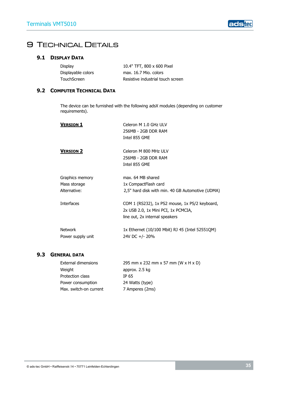 9 technical details, 1 display data, 2 computer technical data | 3 general data, Echnical, Etails, Terminals vmt5010 | ADS-TEC VMT5010 (2010) User Manual | Page 35 / 36