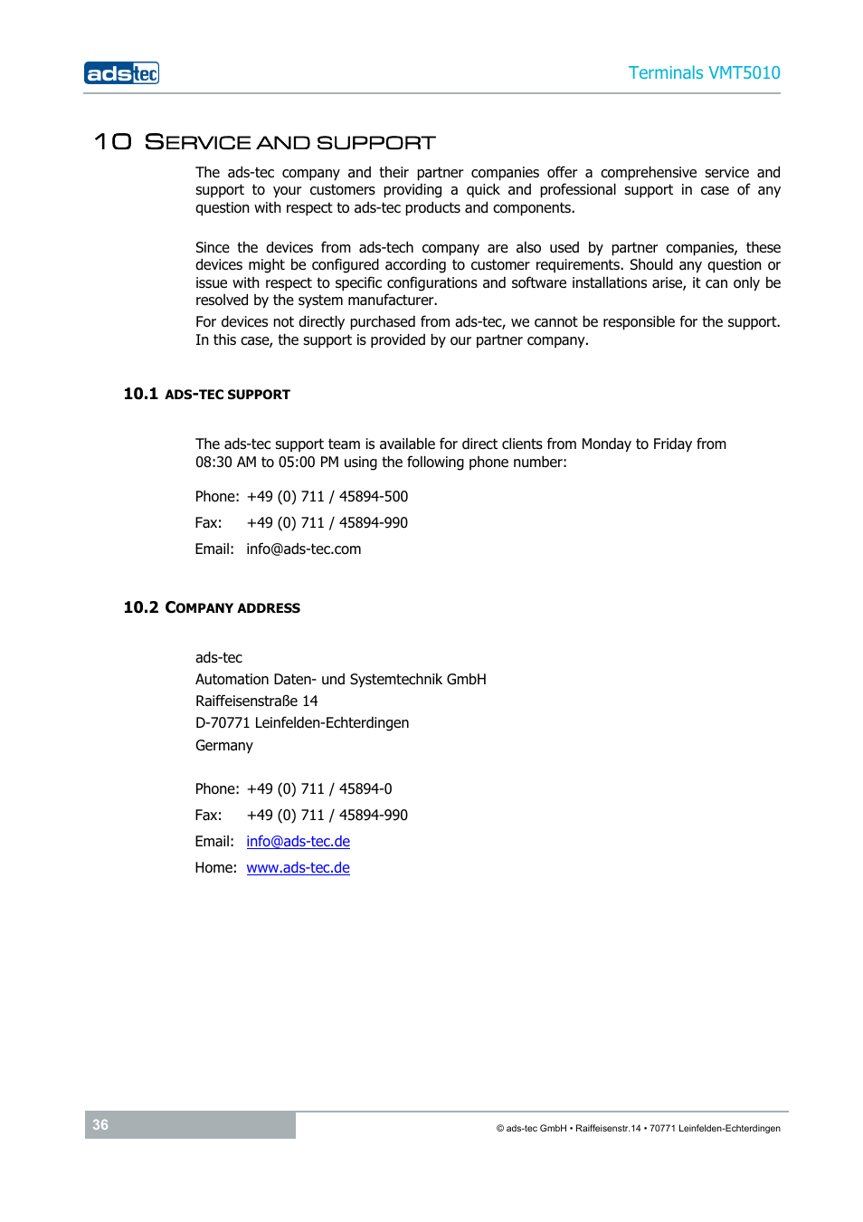 10 service and support, 1 ads-tec support, 2 company address | 10 s, Ervice and support | ADS-TEC VMT5010 (2010) User Manual | Page 36 / 36
