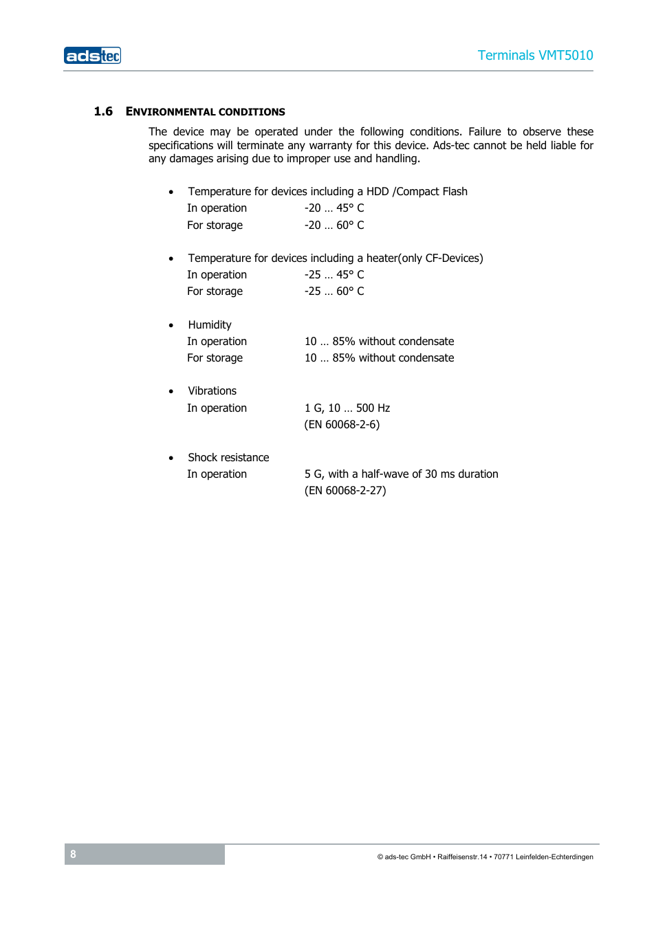 6 environmental conditions | ADS-TEC VMT5010 (2010) User Manual | Page 8 / 36