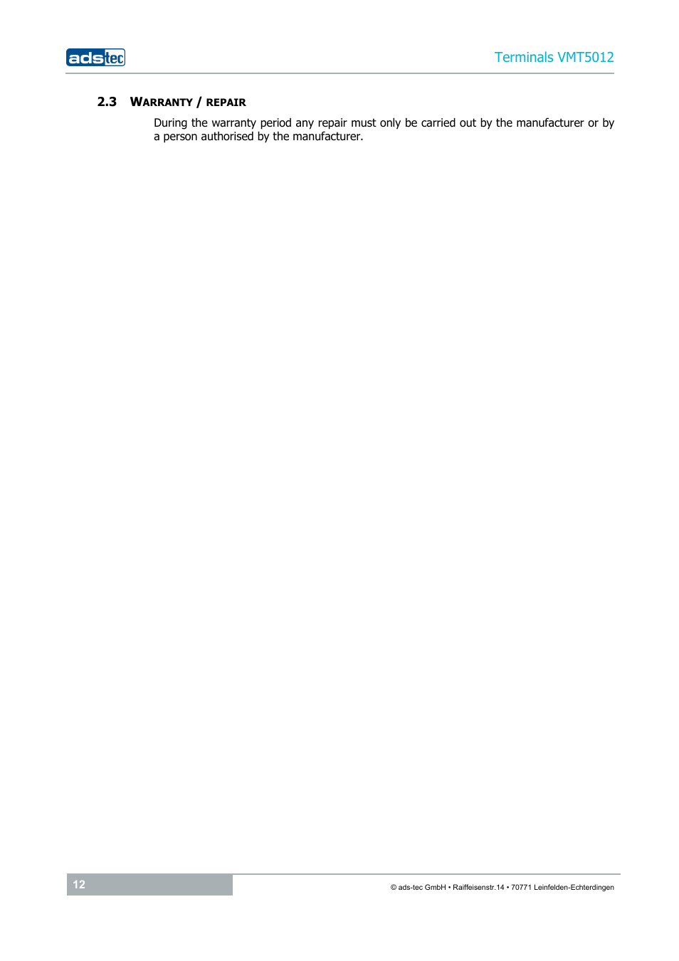 3 warranty / repair, Terminals vmt5012 | ADS-TEC VMT5012 (2010) User Manual | Page 12 / 35