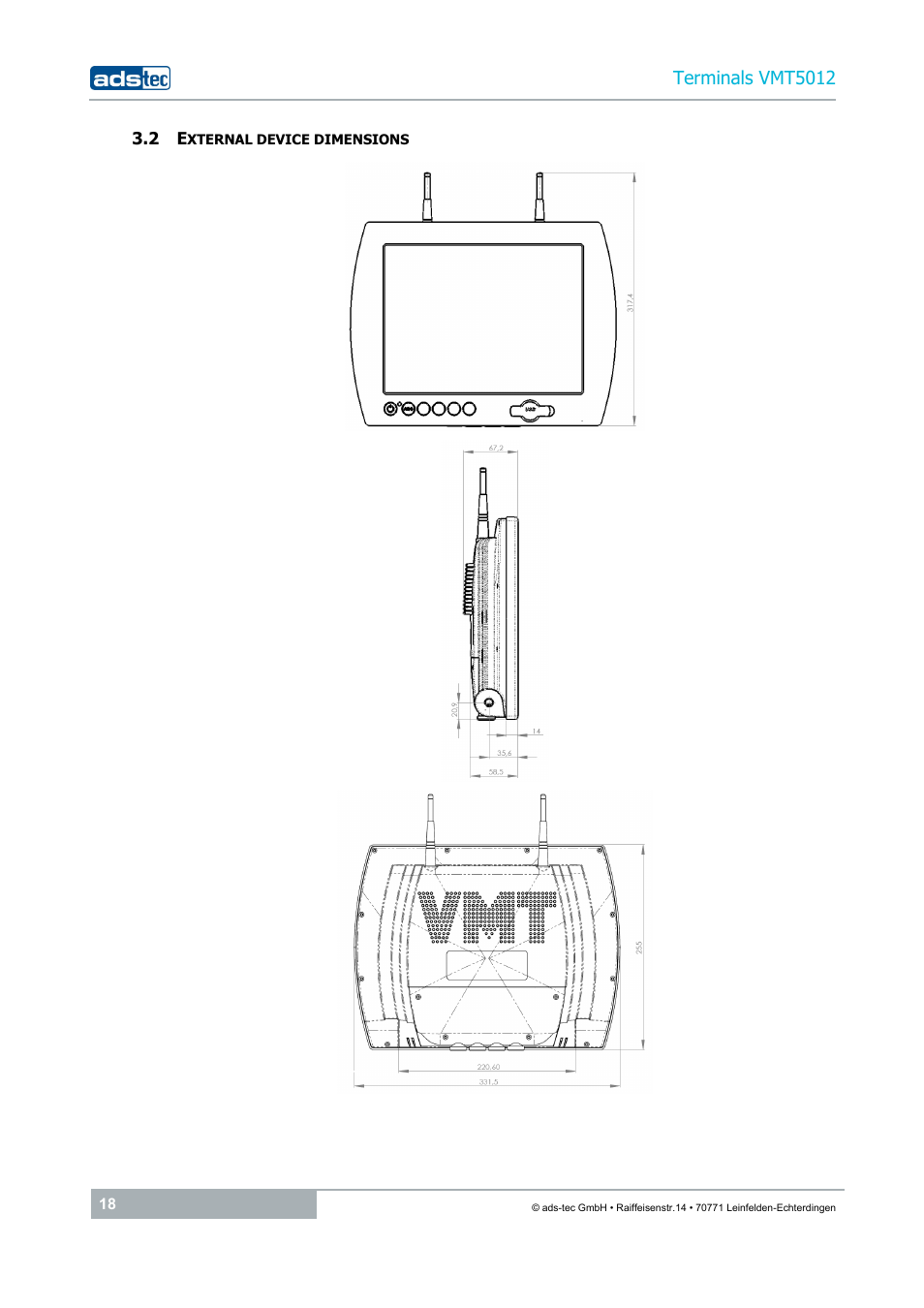 2 external device dimensions, Terminals vmt5012 | ADS-TEC VMT5012 (2010) User Manual | Page 18 / 35