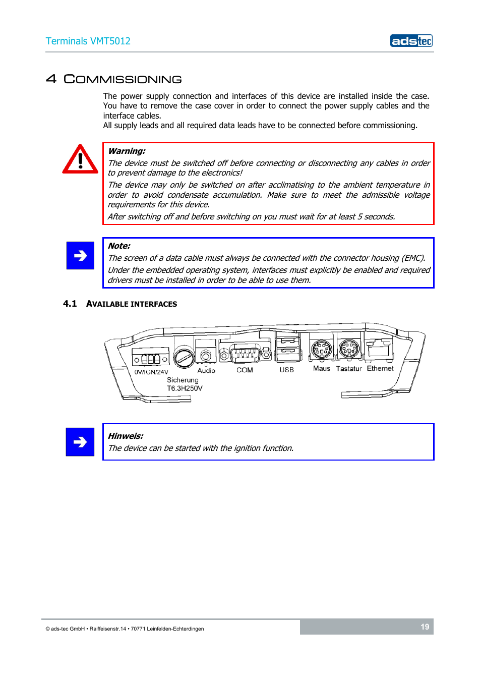 4 commissioning, 1 available interfaces | ADS-TEC VMT5012 (2010) User Manual | Page 19 / 35