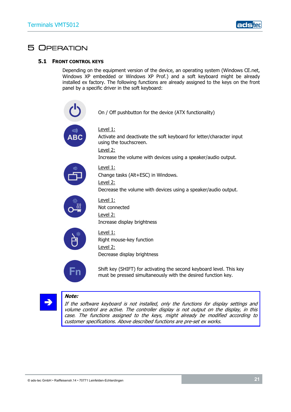 5 operation, 1 front control keys | ADS-TEC VMT5012 (2010) User Manual | Page 21 / 35