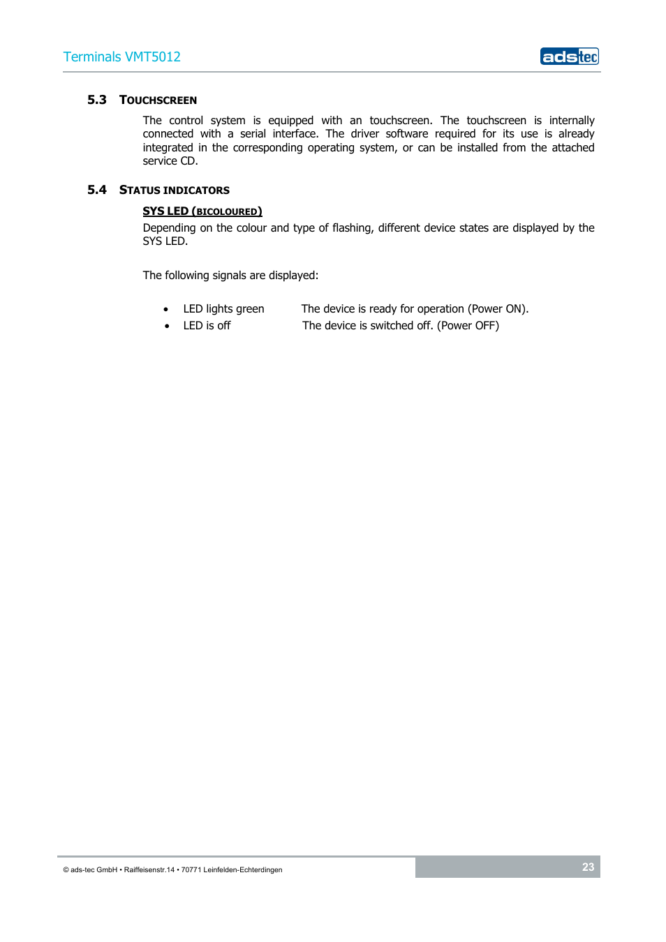 3 touchscreen, 4 status indicators, Terminals vmt5012 | ADS-TEC VMT5012 (2010) User Manual | Page 23 / 35